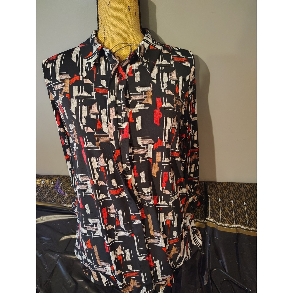 Alfani Elements Women Medium Black Red Abstract Geometric Button Down Blouse NWT